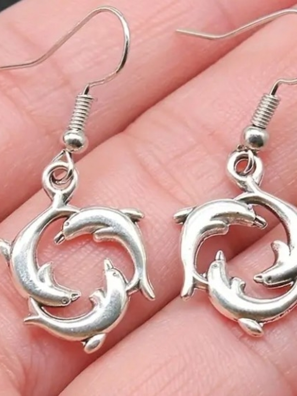 Silver Dolphin Circle Drop Earrings - Unbranded